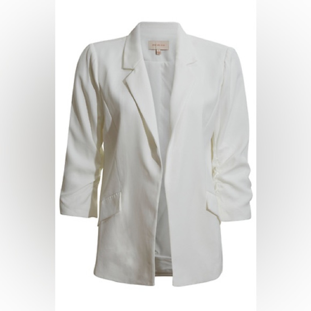 “Skies Are Blue” White Shirred Sleve Blazer